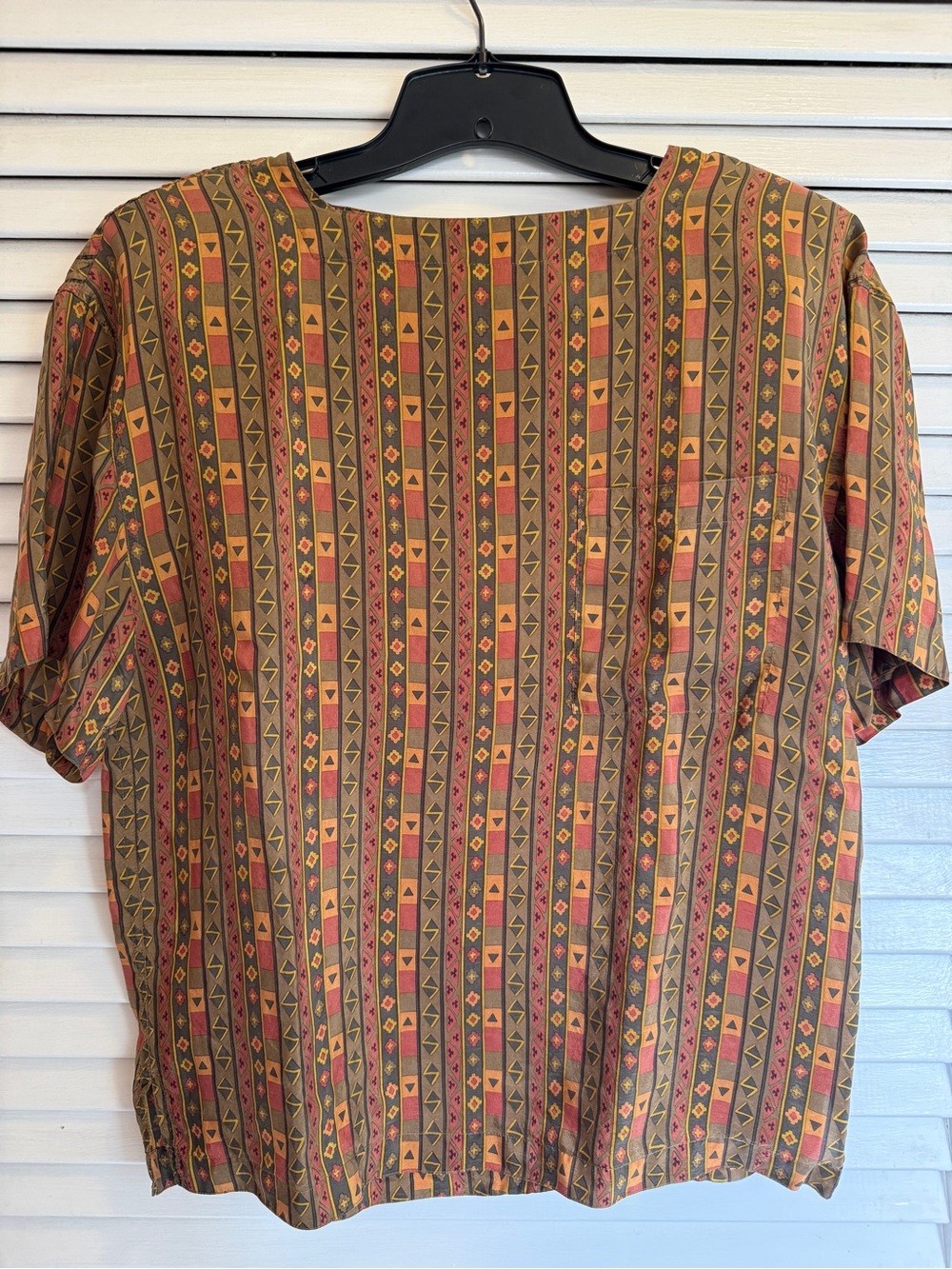 90’s Vintage! Geometric Print Short Sleeve 100% Silk Blouse w/ Shoulder Pads
